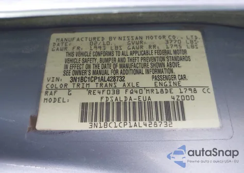 2010 Nissan Versa 1.8S z USA, uszkodzony, nr VIN 3N1BC1CP1AL428732